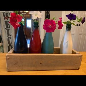 Rustic solid wood box and 4 painted bottles